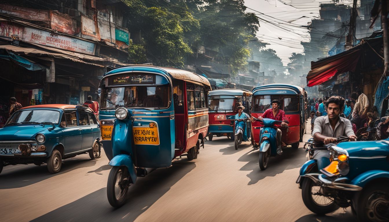 A bustling city street in Rangpur with a variety of vehicles and people going about their day.