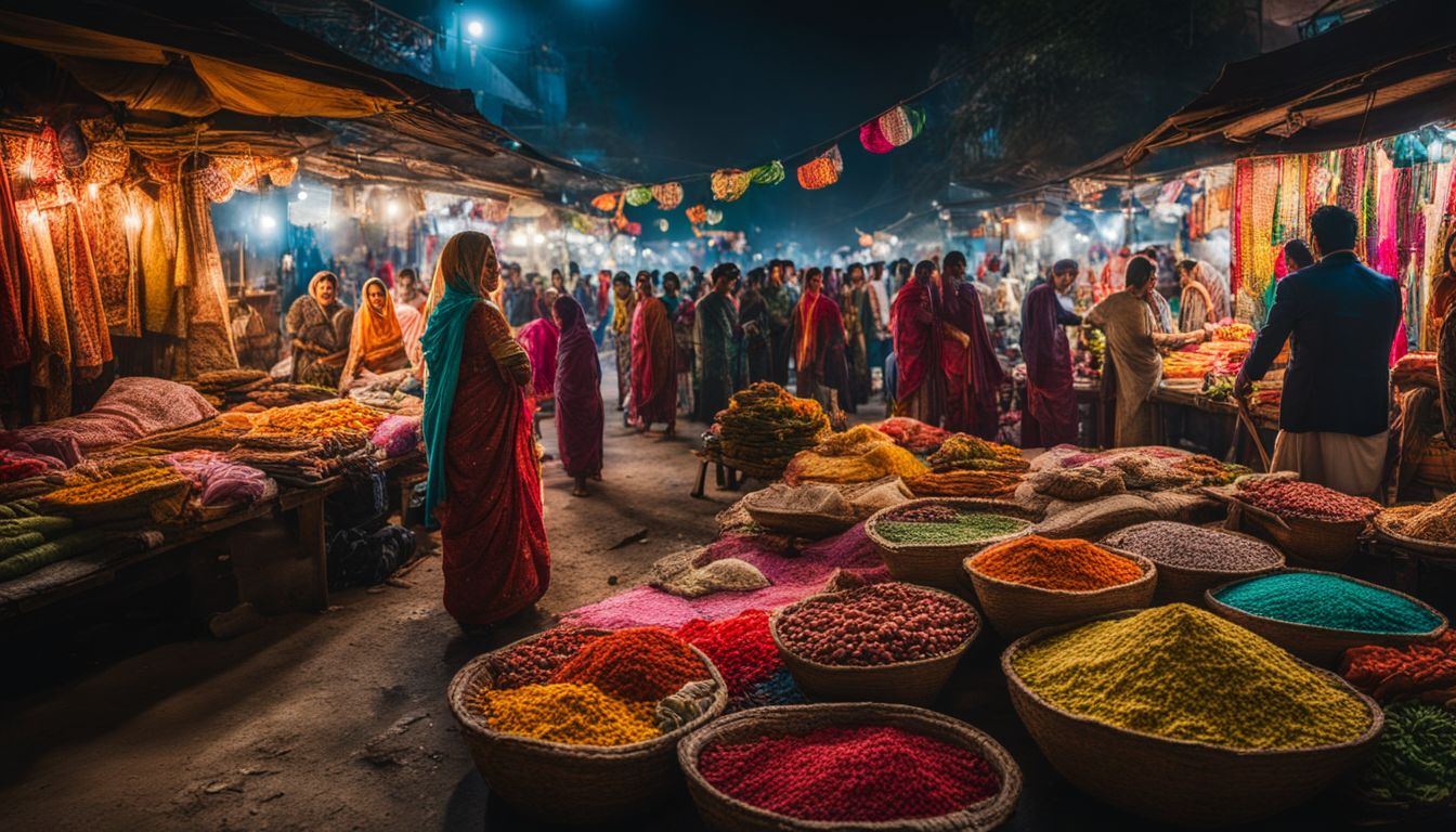 A vibrant market scene in Bangladesh filled with colorful textiles and bustling activity.