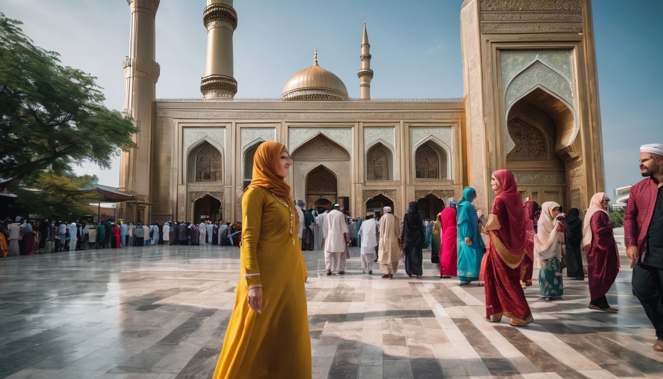A group of diverse travelers outside the Baitul Mukarram Mosque, wearing modest clothing, captured in a lively and bustling atmosphere.