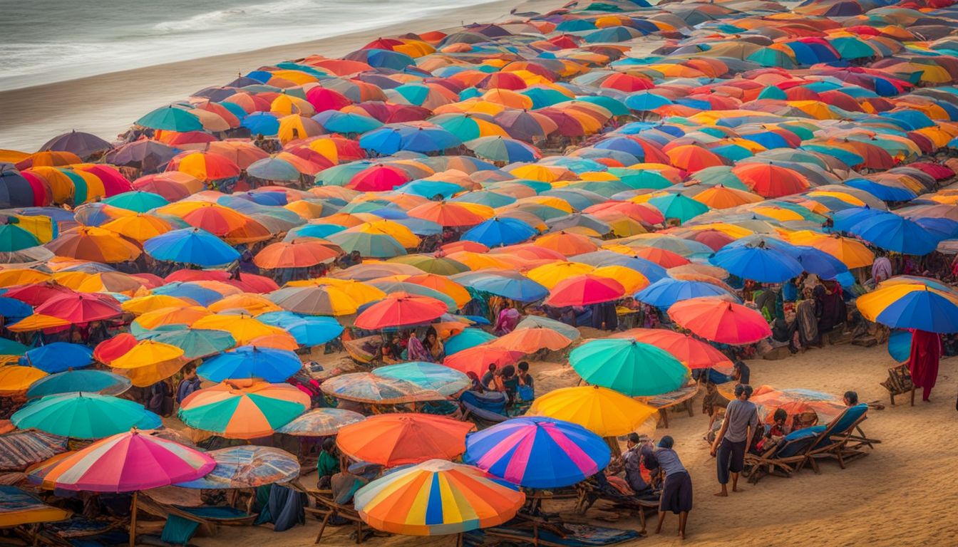 A stunning photograph of Cox's Bazar coastline capturing the beauty of crashing waves, colorful parasols, and a bustling atmosphere.