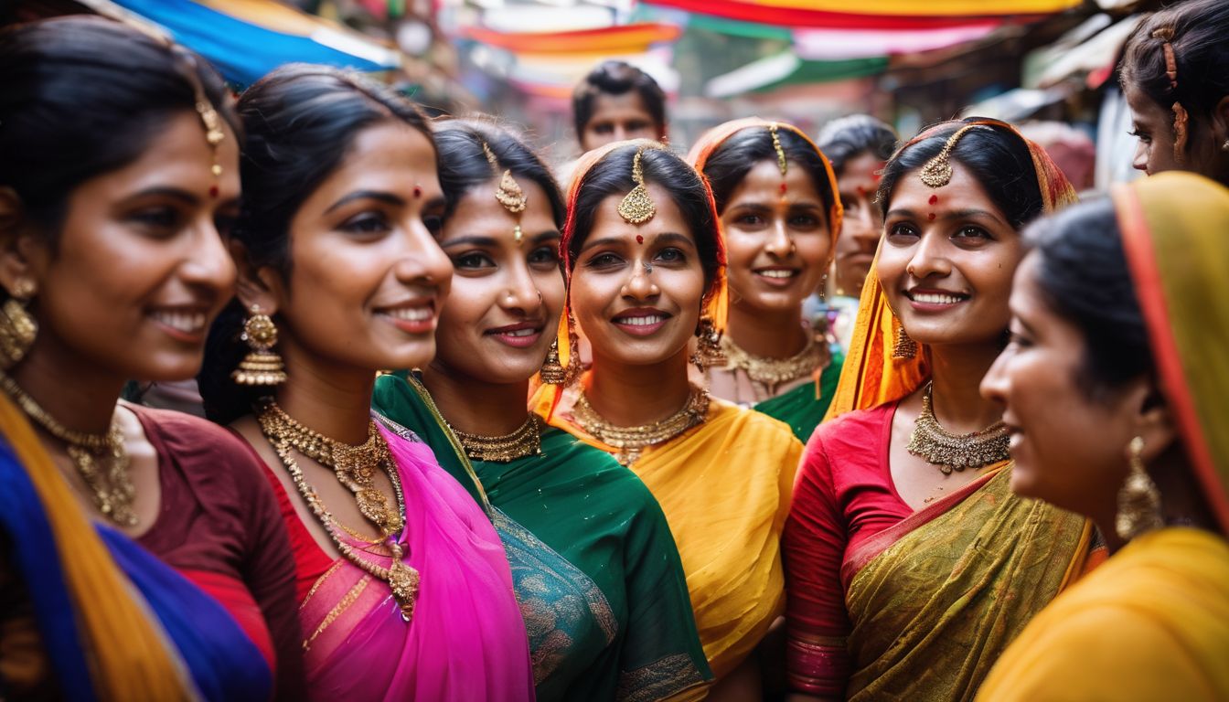 A group of Bangladeshi women wearing colorful saris pose in a vibrant marketplace.