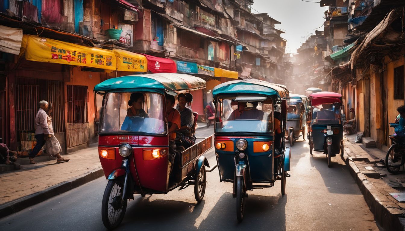 A vibrant scene of colorful rickshaws weaving through bustling streets.