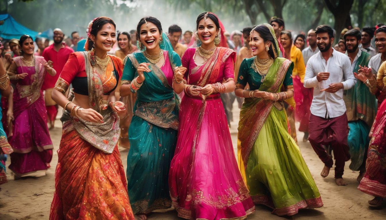 A diverse group of people in traditional Bangladeshi garments celebrate joyfully at a vibrant cultural festival.