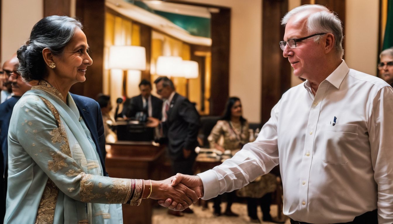 The US Ambassador in Bangladesh meets with local officials in a formal office environment.