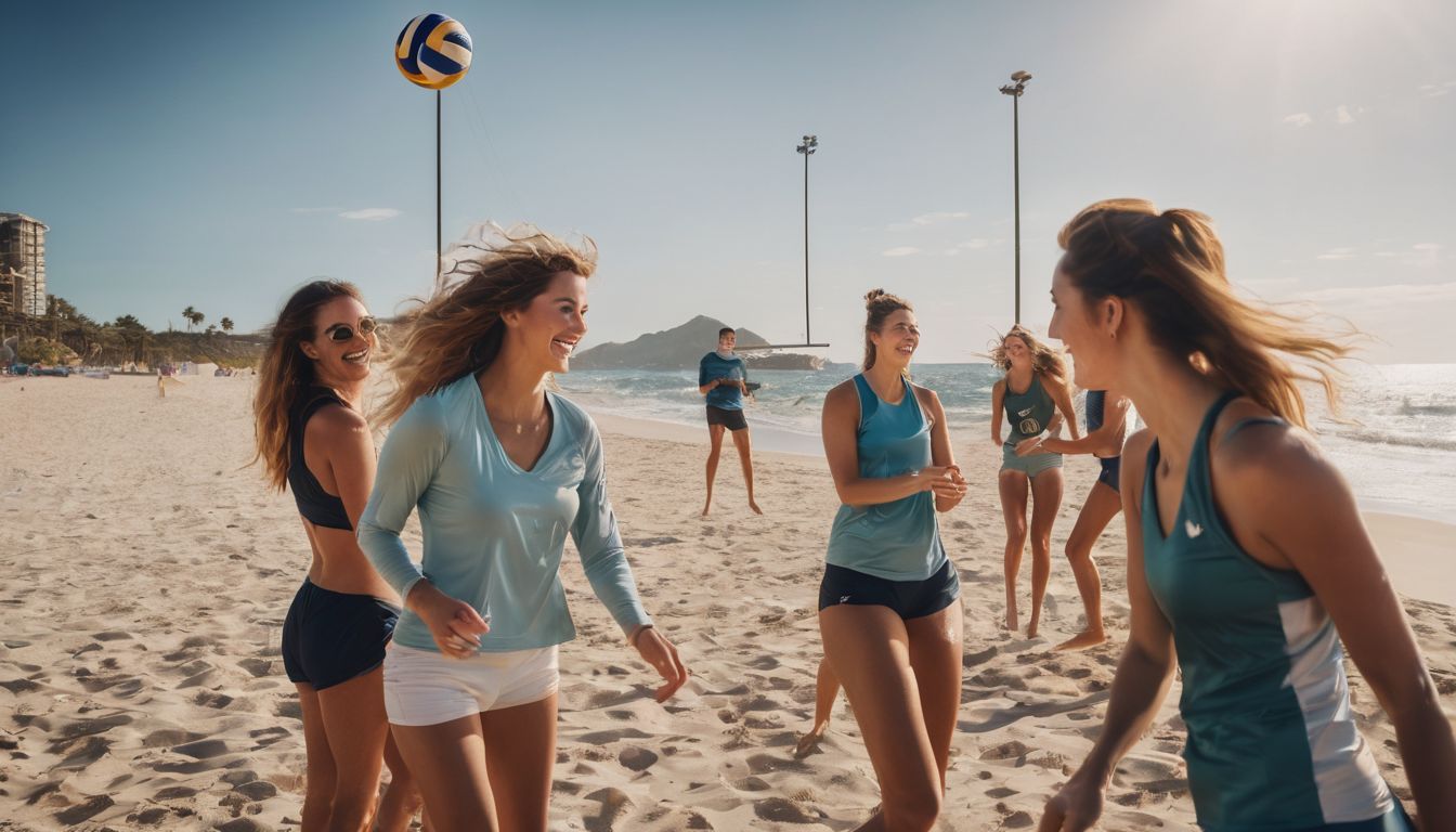 A group of friends playing volleyball on a sandy beach in a bustling atmosphere.