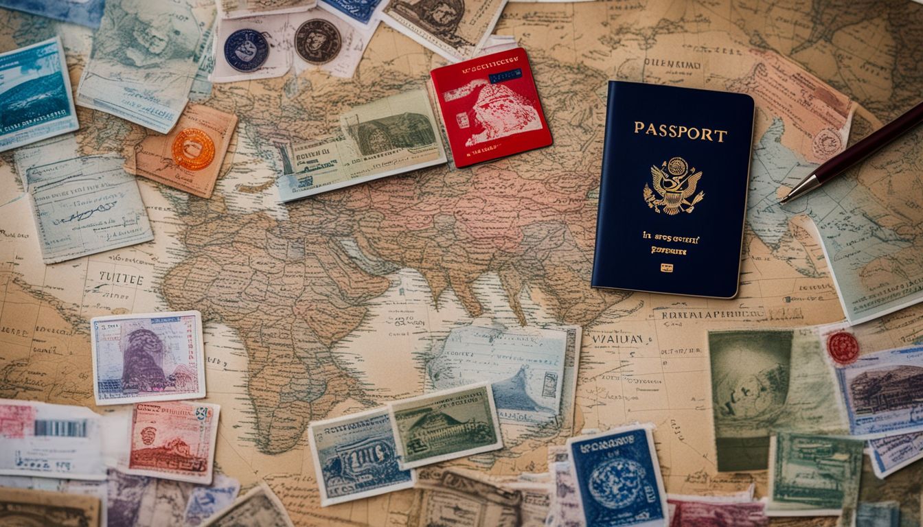A passport surrounded by visa stamps and travel documents, showcasing various faces, hairstyles, and outfits.