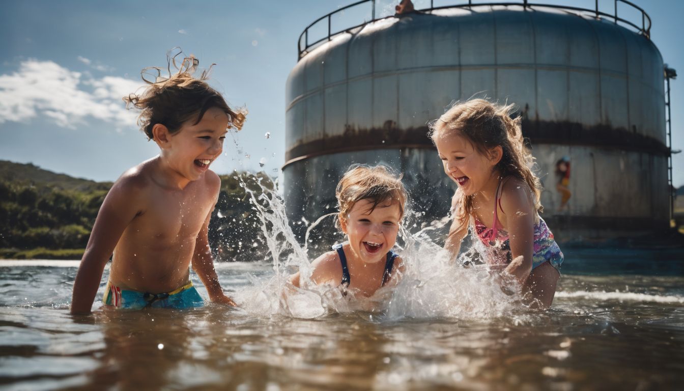 A group of children playing and splashing in a water tank, captured in a vibrant and lively photograph.