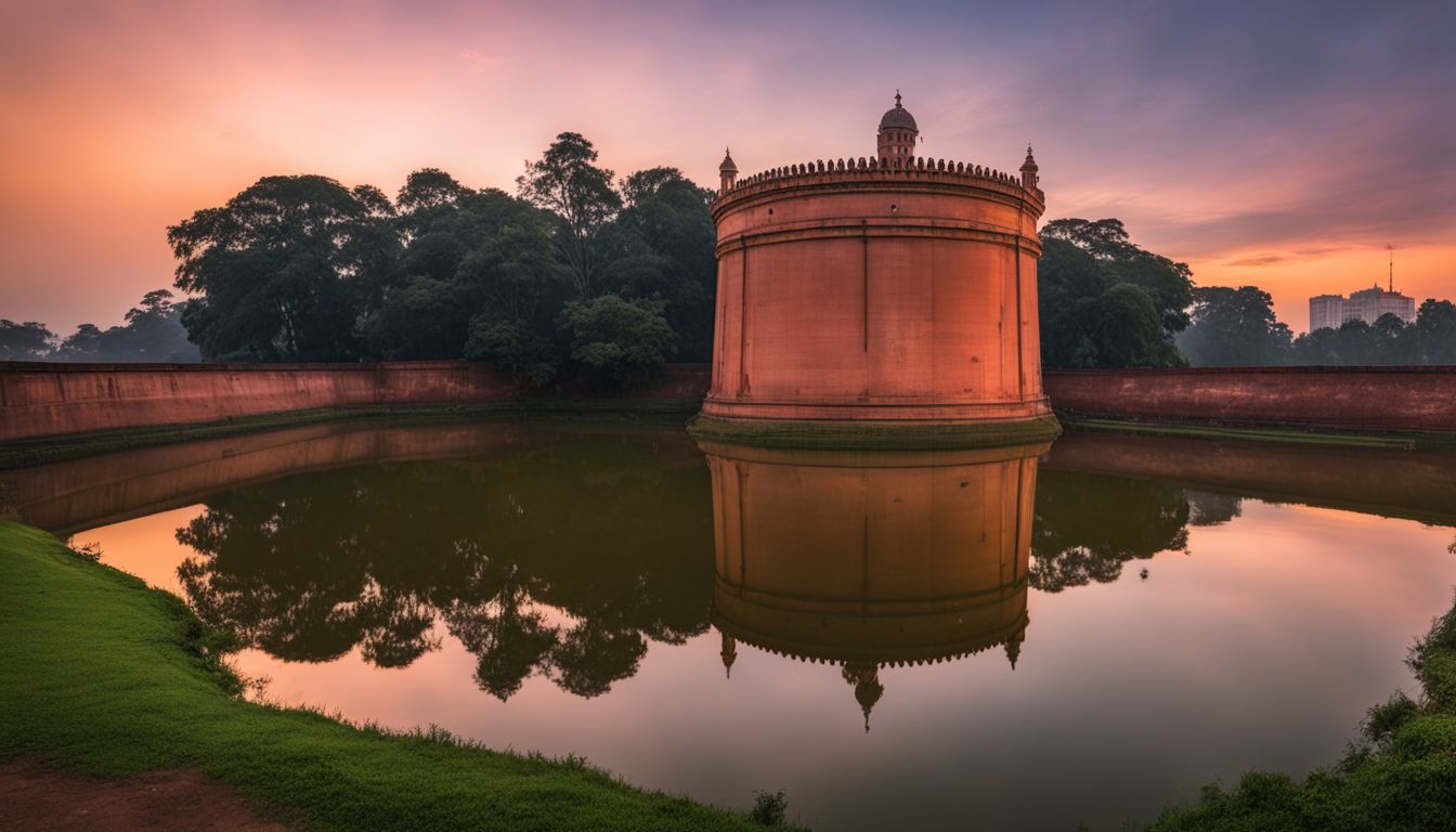 A photo of the Lalbagh Fort water tank reflecting the sunset with a bustling atmosphere.