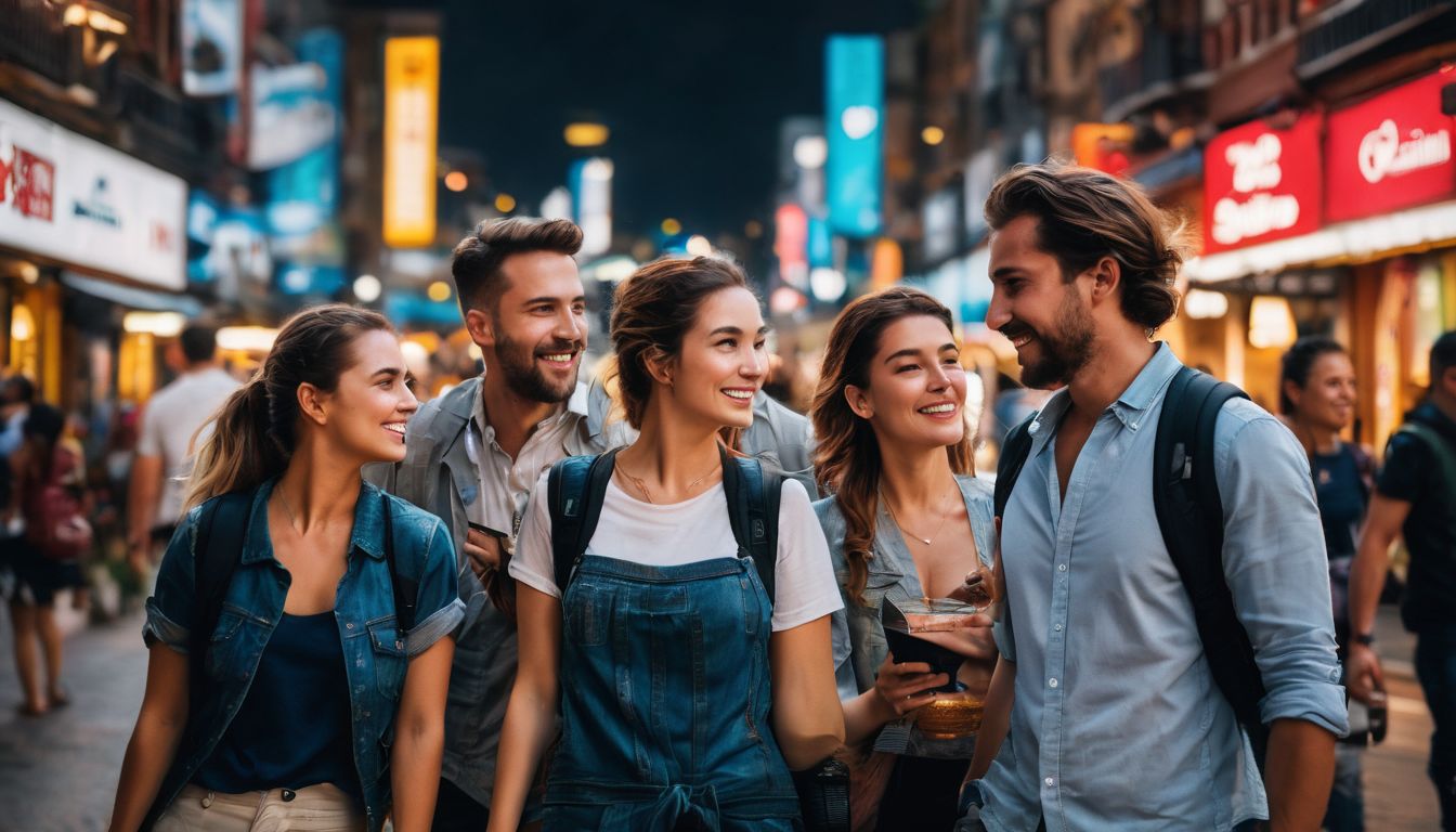 A diverse group of travelers is exploring a bustling cityscape in a well-lit and vibrant photograph.