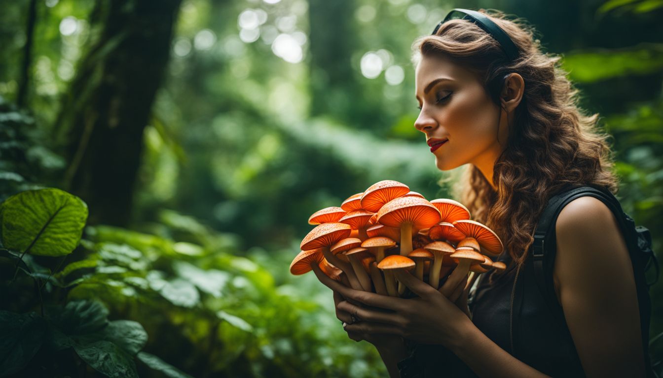 A person holding a cluster of vibrant Amazon mushrooms in lush foliage.