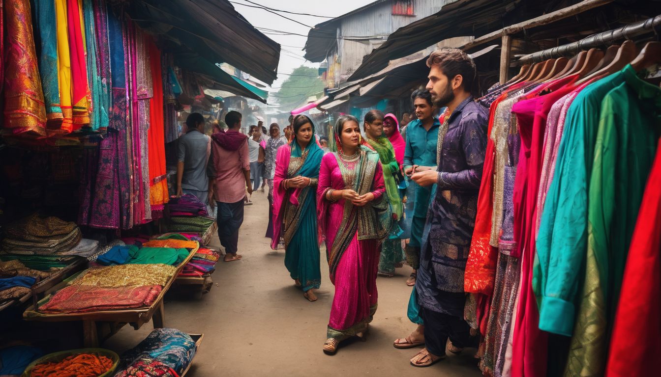 A diverse group of people in traditional Bangladeshi clothing browsing through colorful clothes at a local market.