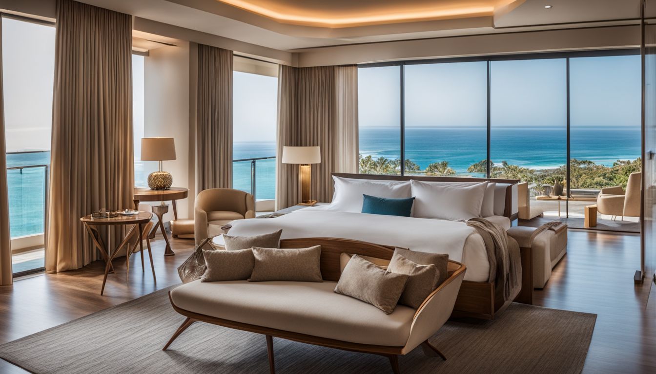 A luxurious hotel room with a comfortable bed and a beautiful ocean view.