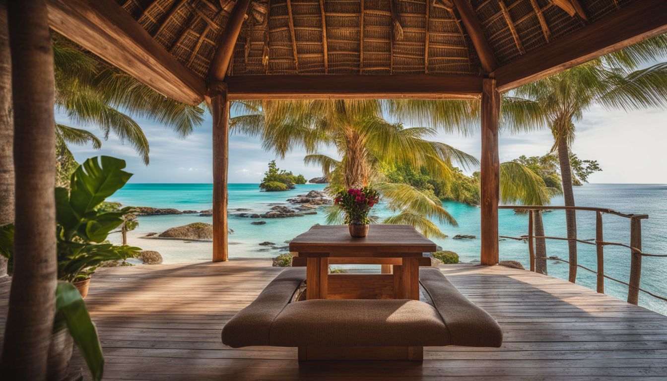 A beachfront bungalow with palm trees and turquoise water in the background, capturing a bustling and vibrant atmosphere.