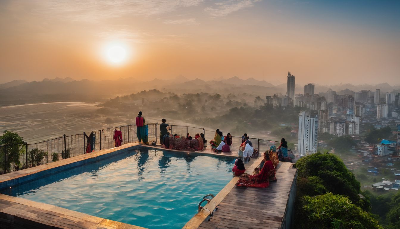 A diverse group of tourists enjoys a beautiful sunset on a rooftop pool overlooking Cox's Bazar cityscape.