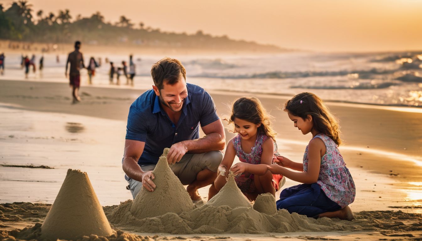 A happy family enjoys building sandcastles on Cox's Bazar beach with sea view hotels in the background.