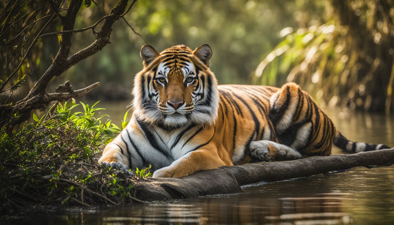 A stunning photo of a Bengal tiger resting in the Sundarbans mangrove forests.