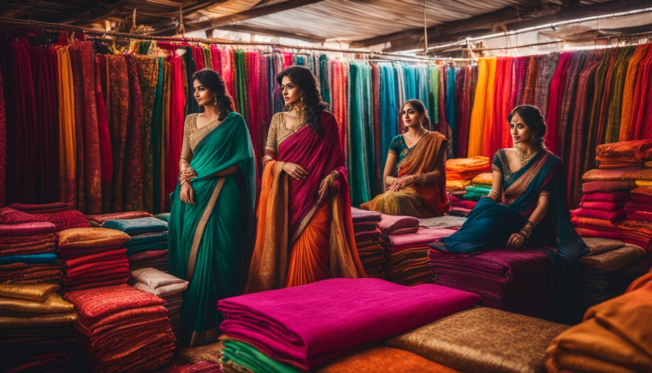 A vibrant collection of saris arranged in a traditional market setting.
