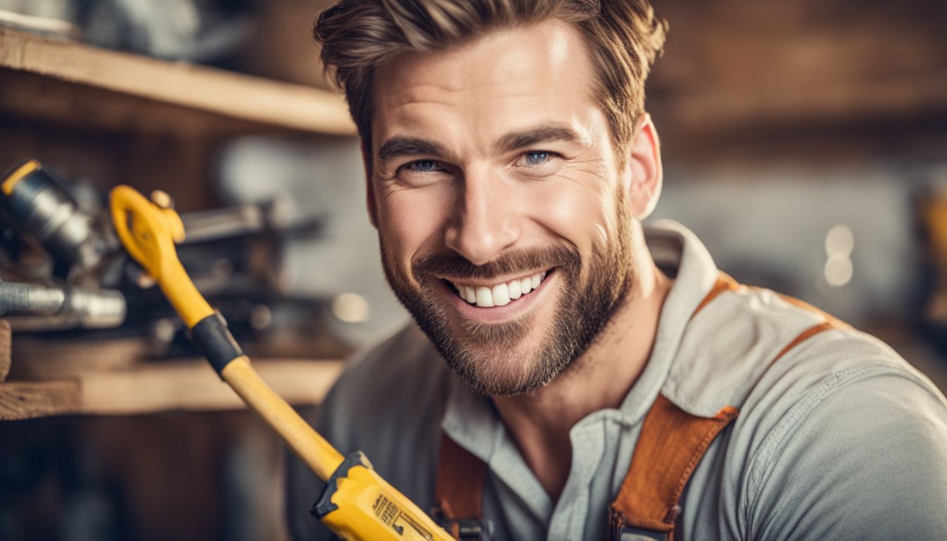A confident handyman repairing a household item with a smile.