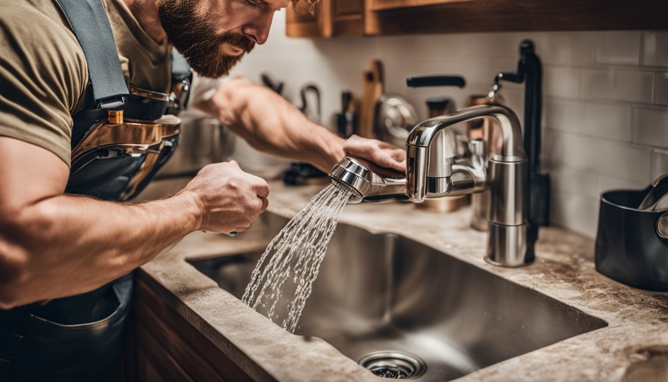 A handyman fixes a leaky faucet in a bustling kitchen.