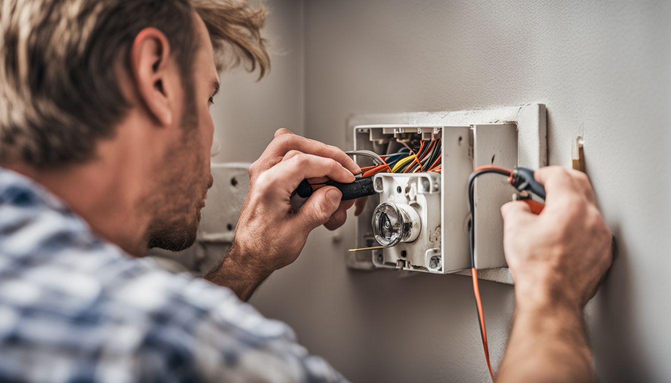 A handyman repairing a broken electrical outlet in a living room.