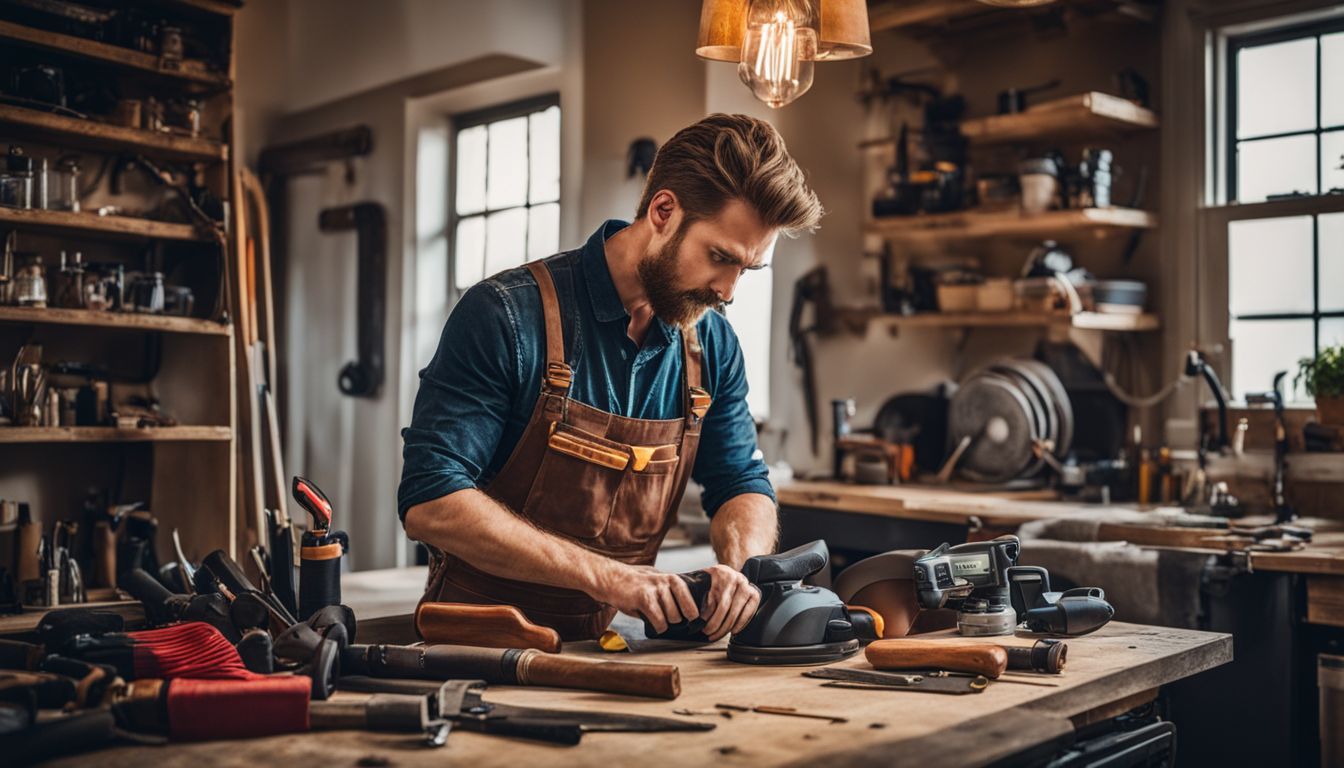 A handyman working on home repairs surrounded by tools and equipment.