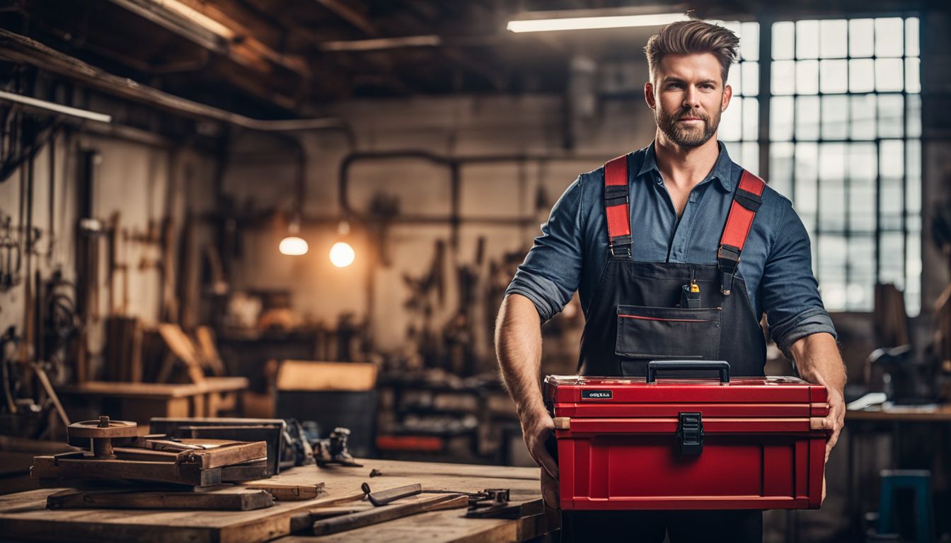 A confident handyman in a workshop with various tools and equipment.