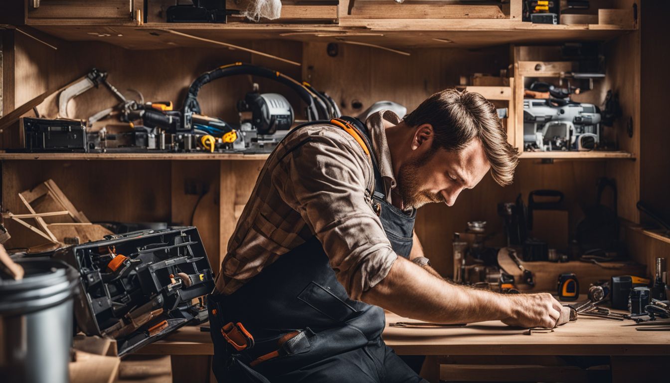 A confident handyman fixes a broken cabinet surrounded by tools and supplies.