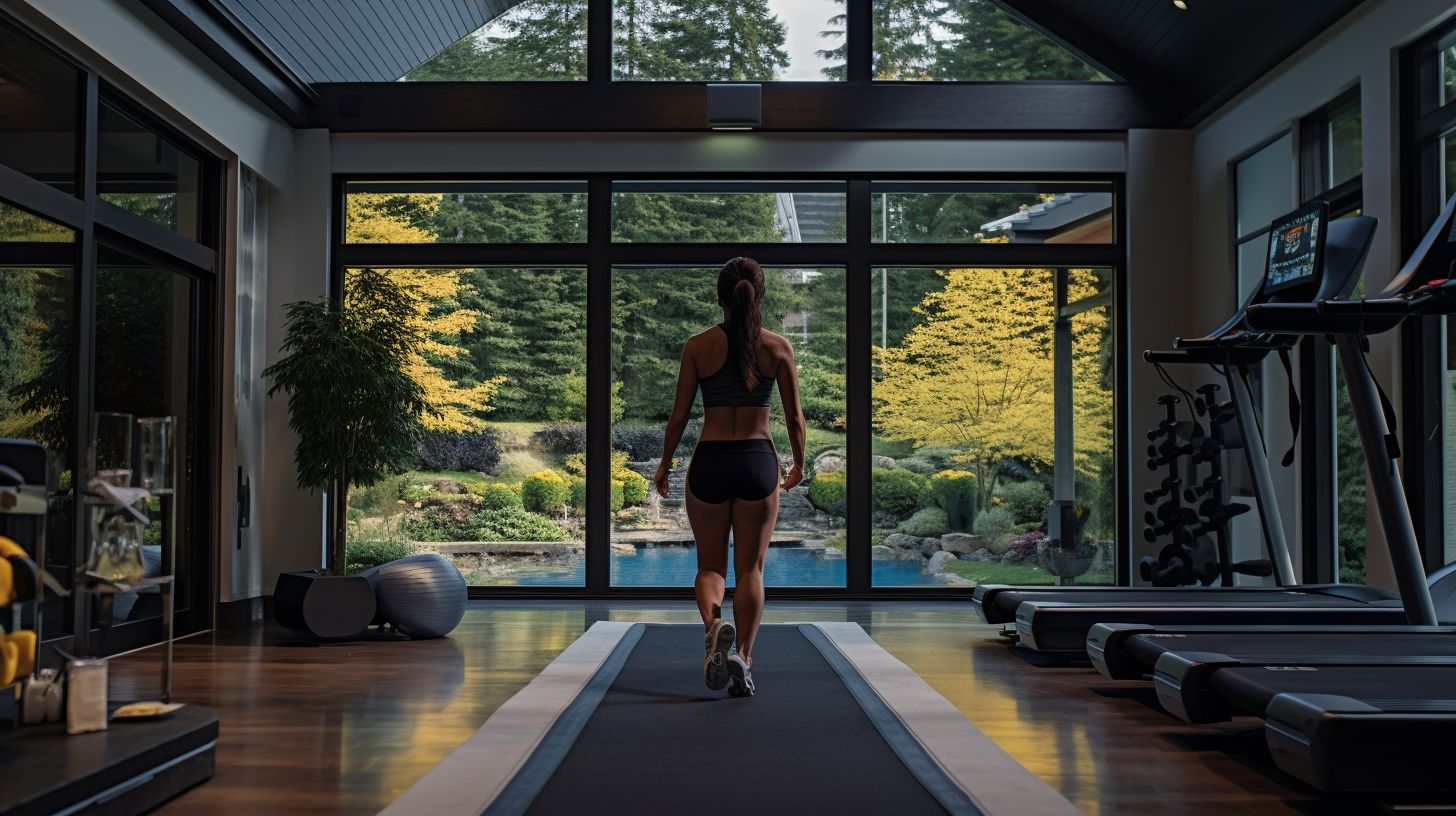 A person jogging on a treadmill in a modern home gym.
