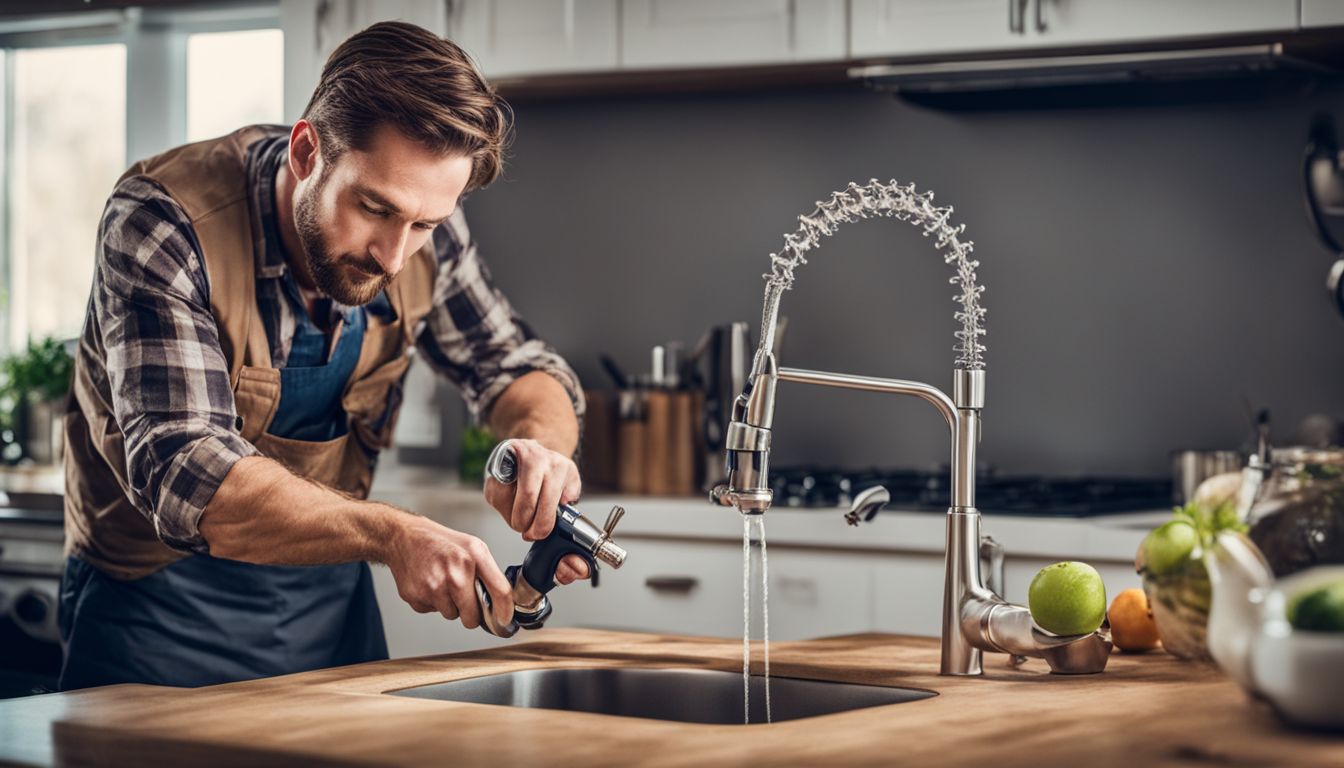 A handyman fixing a leaky faucet in a modern kitchen.