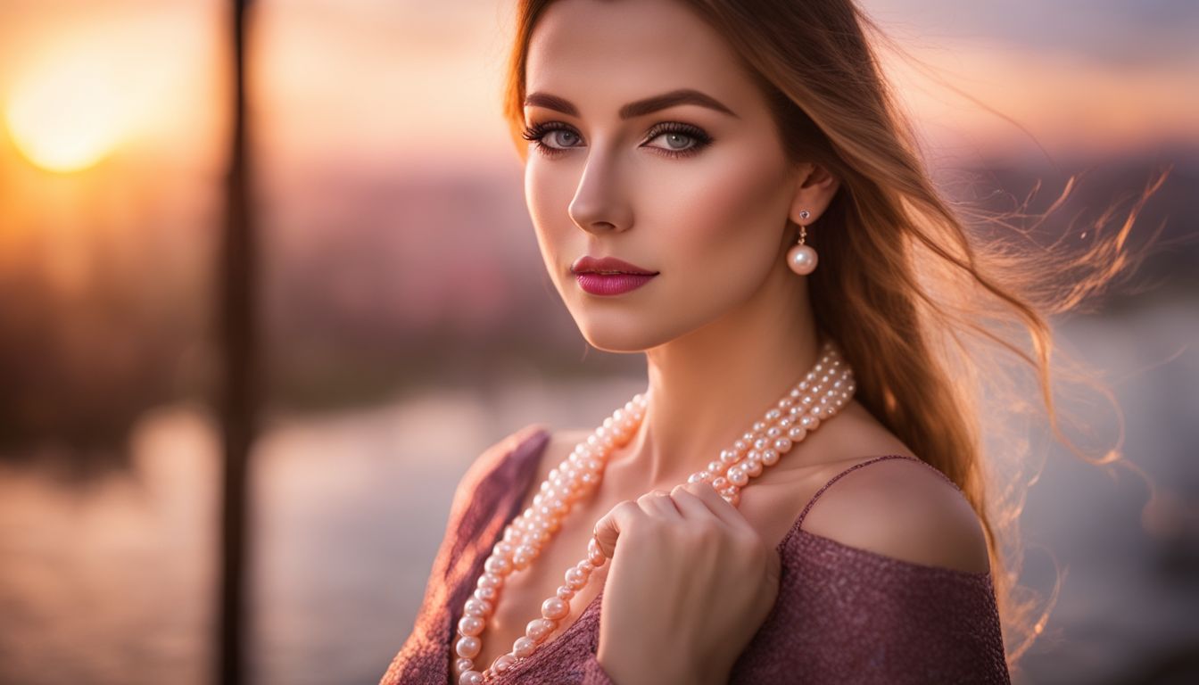 A woman wearing a pink pearl necklace poses in front of a beautiful sunset, showcasing different faces, hair styles, and outfits.