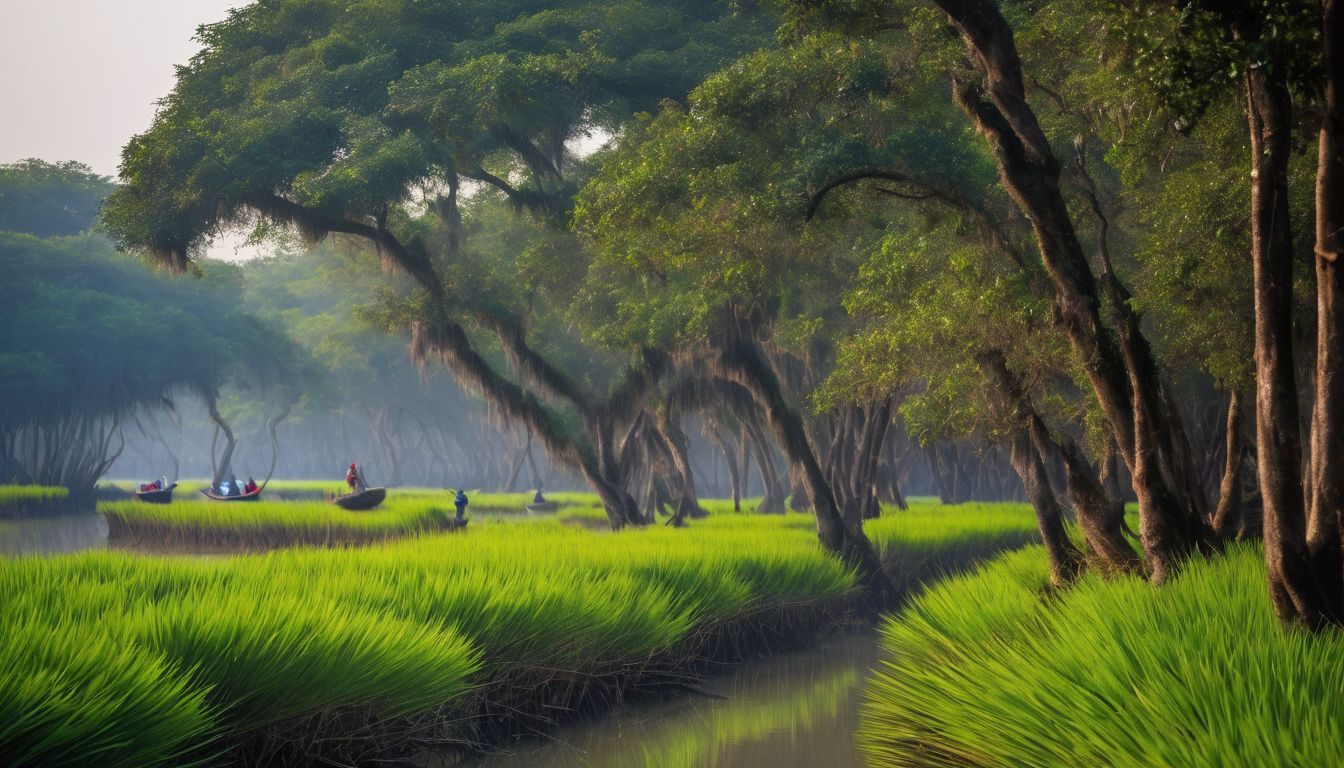 A stunning photo of the Sundarbans, showcasing its lush mangroves, exotic wildlife, and bustling atmosphere.