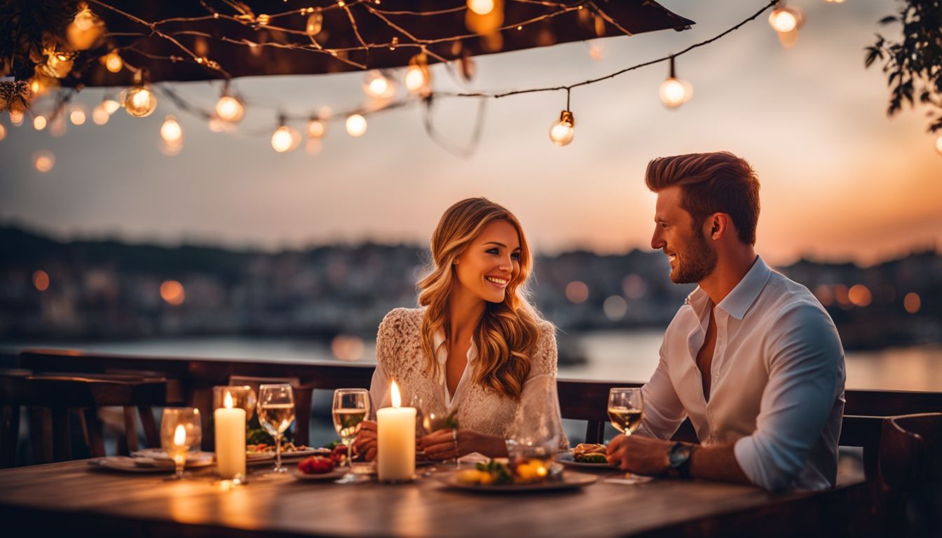 A couple enjoys a romantic dinner at an outdoor restaurant with beautifully decorated tables and candlelight.