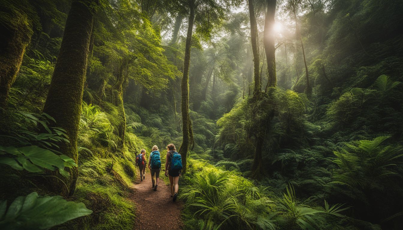 A diverse group of hikers explores a lush jungle trail surrounded by vibrant foliage.