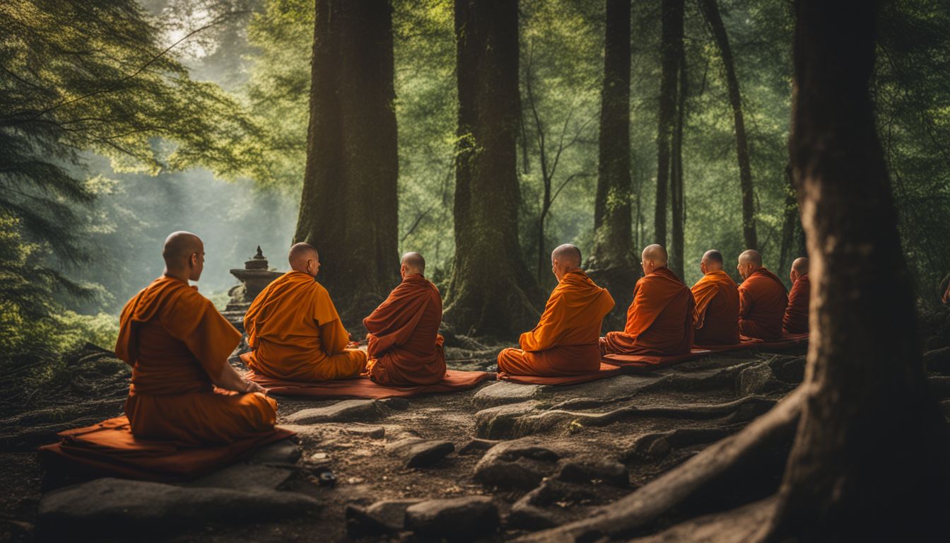 A serene image capturing monks meditating in a tranquil forest setting.