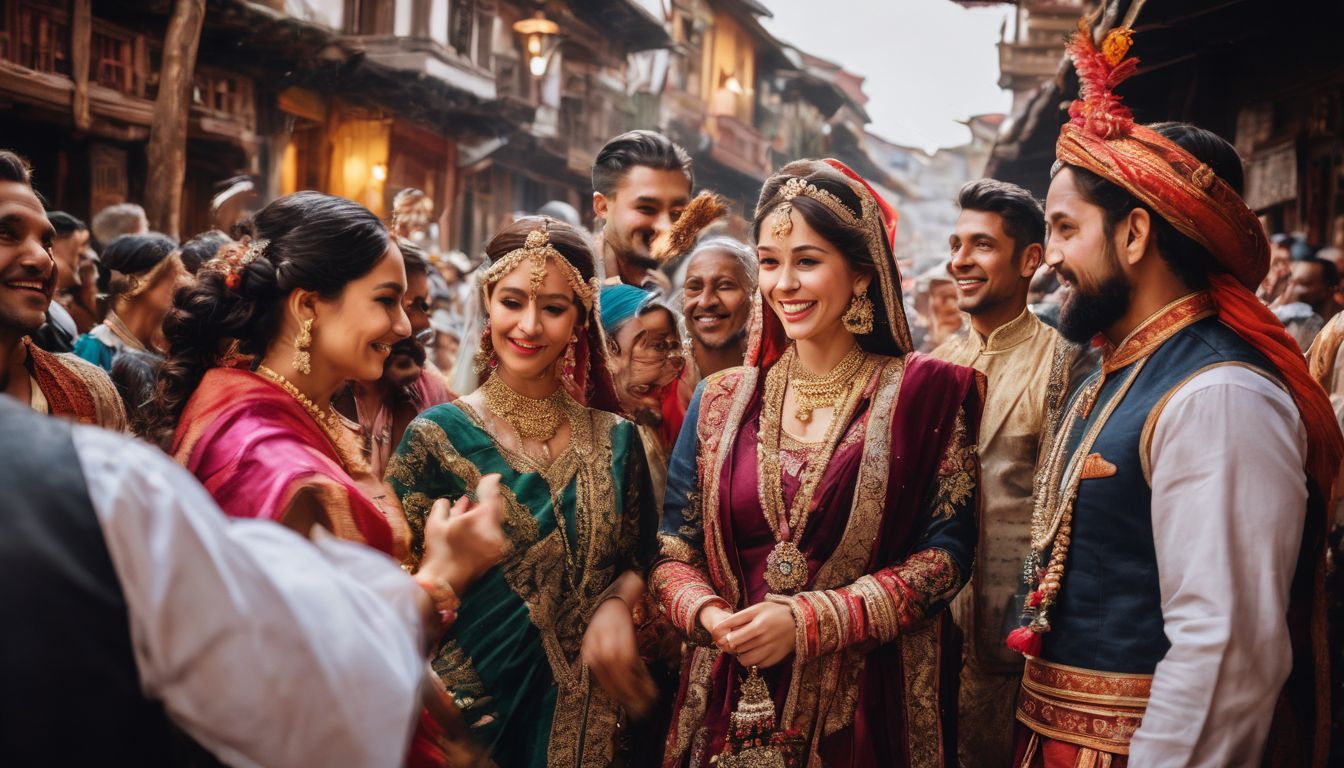 A diverse group of people celebrating in traditional attire in a bustling cityscape setting.