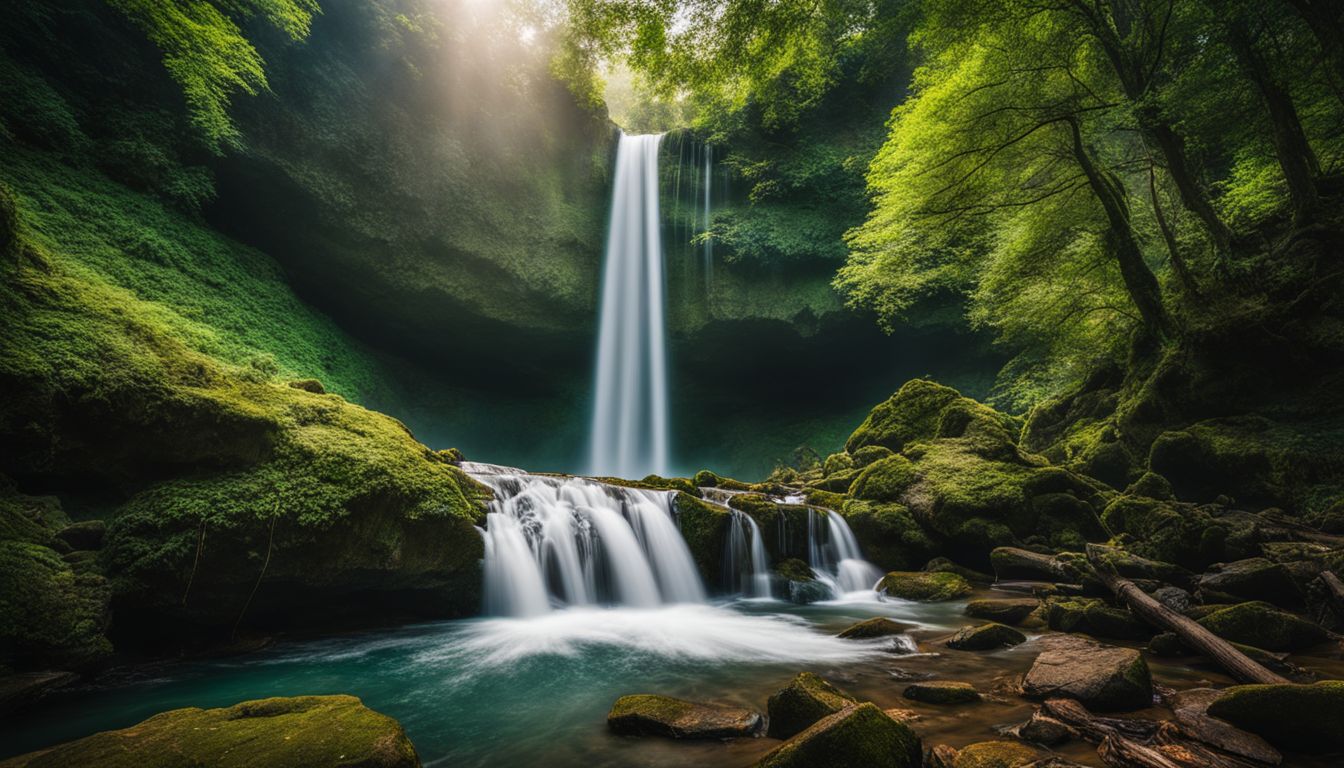 A stunning photograph of waterfalls surrounded by lush green forests and diverse individuals in various outfits.