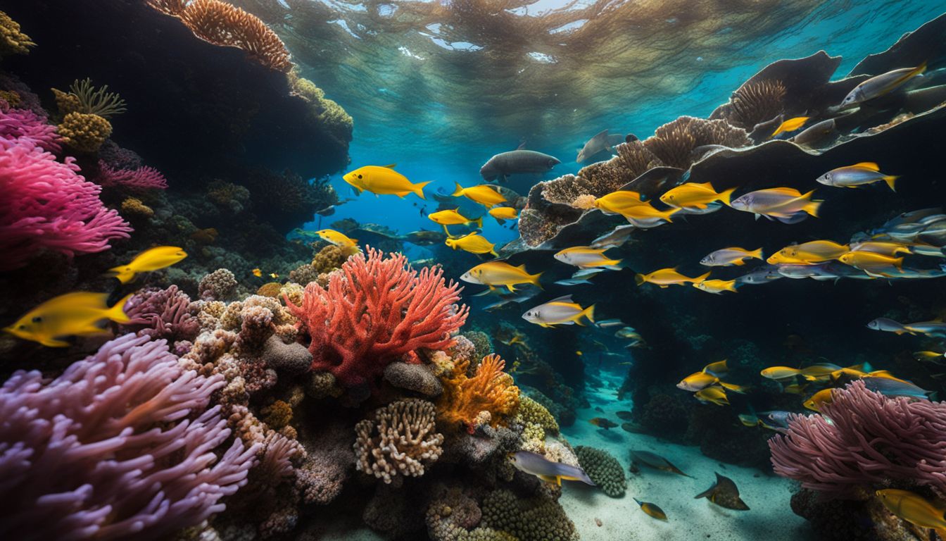 A vivid underwater photograph capturing schools of colorful fish swimming amidst vibrant coral formations.