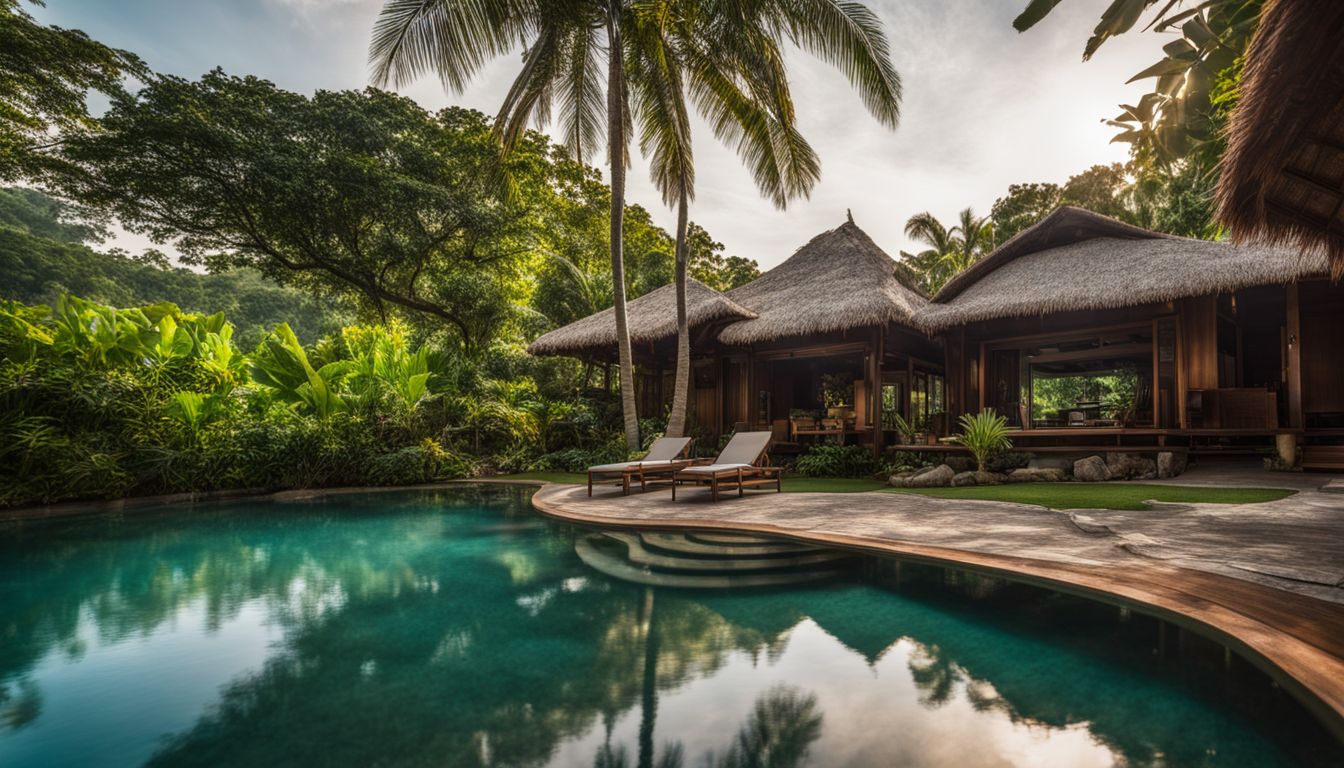 The image showcases a private bungalow with a swimming pool surrounded by lush tropical gardens at Sail Rock Divers Resort.