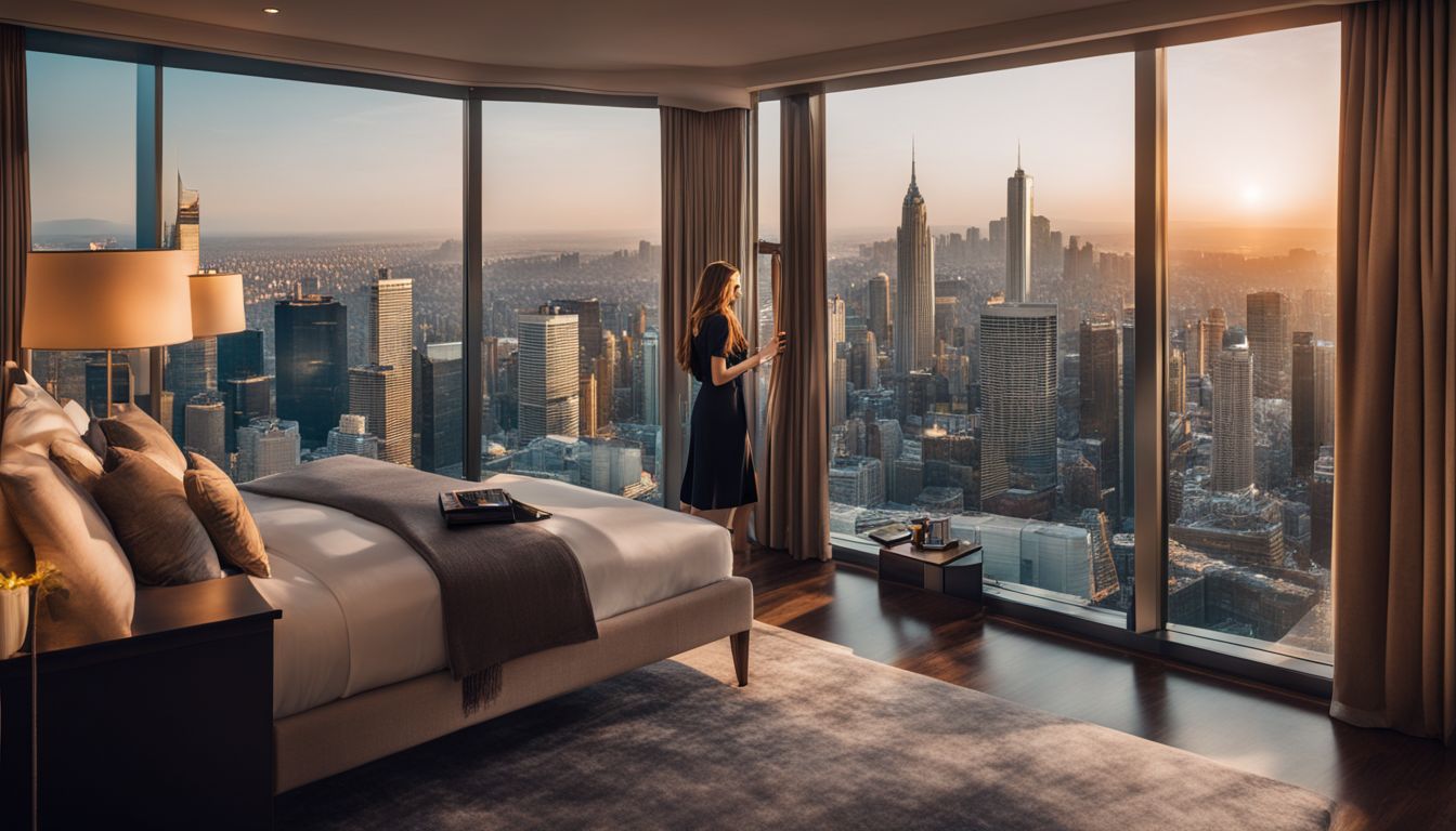 A luxury hotel room overlooking a bustling cityscape with a diverse group of people.