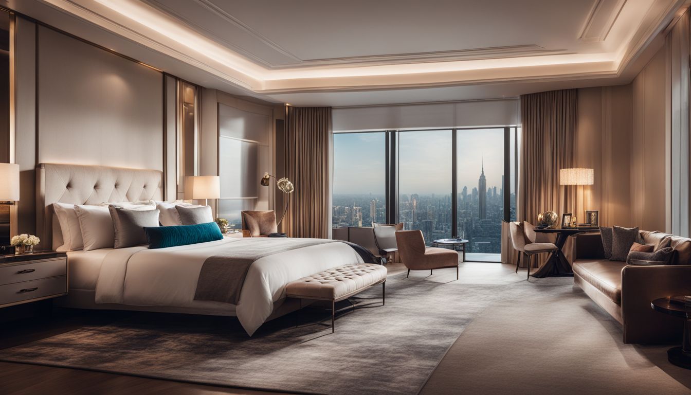 A luxurious bedroom suite with a panoramic view of a park, featuring various individuals with unique appearances and outfits.