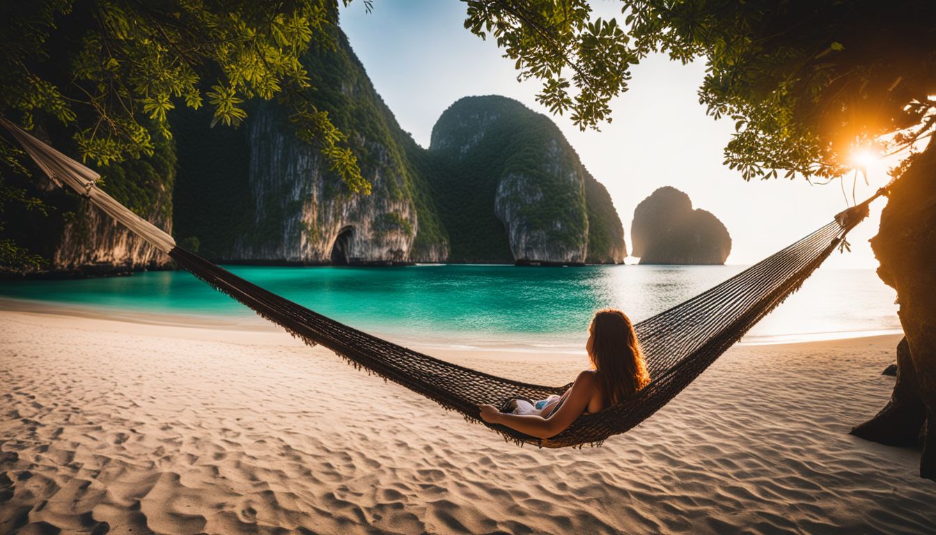A woman relaxes in a hammock overlooking the beach at Maya Bay with lush greenery surrounding her.