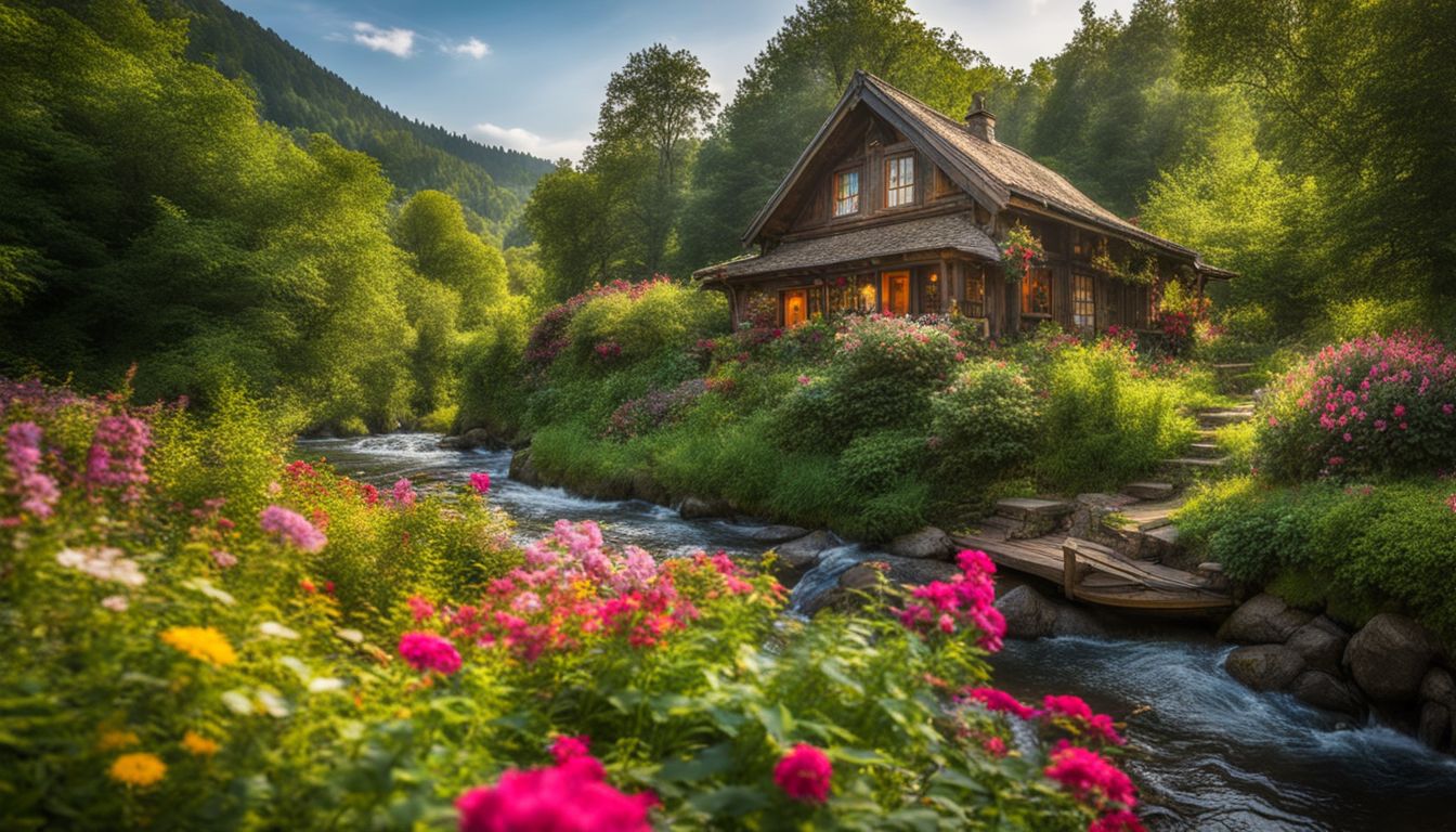 A picturesque cottage surrounded by lush greenery, colorful flowers, and a serene river.