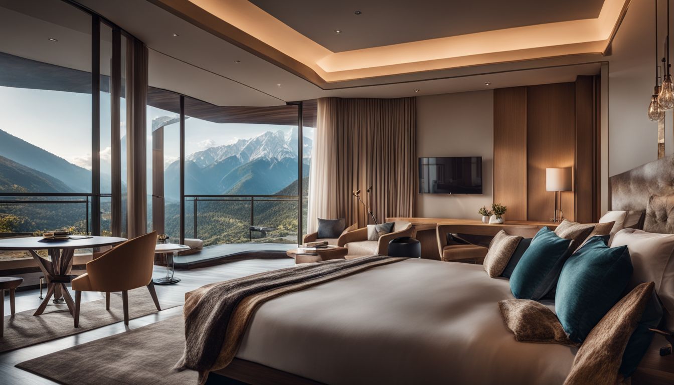 A luxurious hotel room with a stunning mountain view, featuring diverse people in various outfits.
