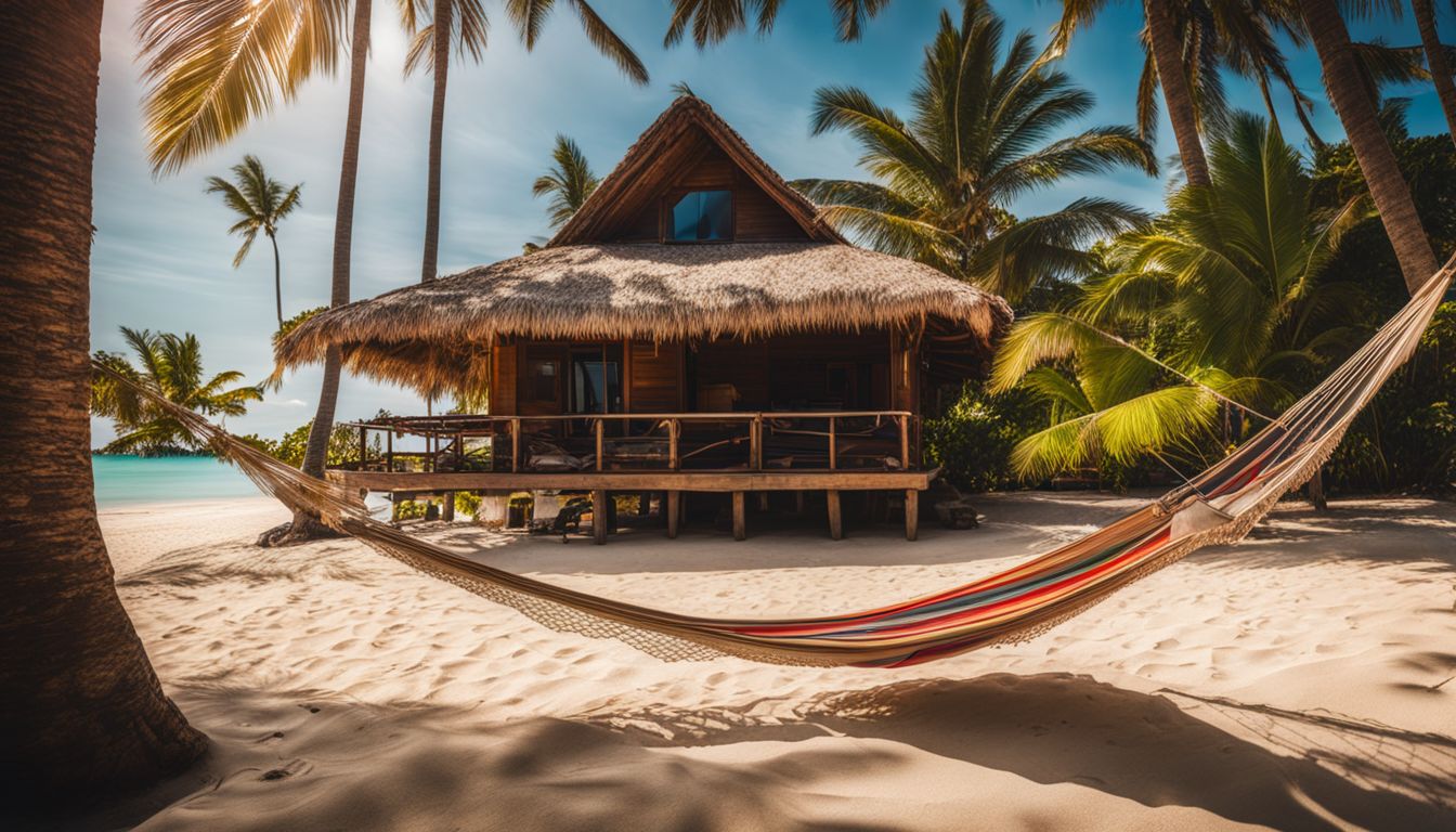 A picturesque beachfront bungalow with hammocks and palm trees surrounded by a bustling atmosphere.