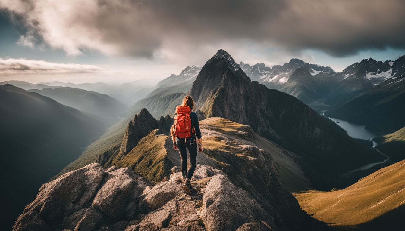 A hiker stands atop a mountain summit surrounded by stunning scenery, capturing the beauty of nature with professional photography equipment.