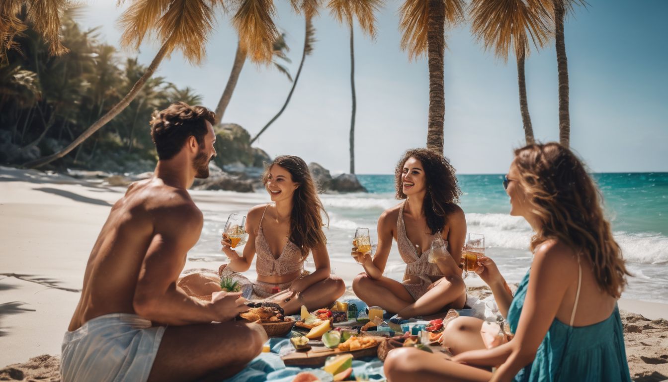 A diverse group of friends enjoy a beach picnic surrounded by palm trees and clear water.