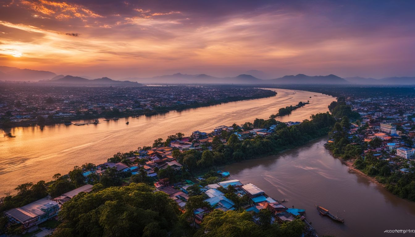A stunning sunset over the Mekong River showcasing the beauty of the Nong Khai cityscape with diverse people.