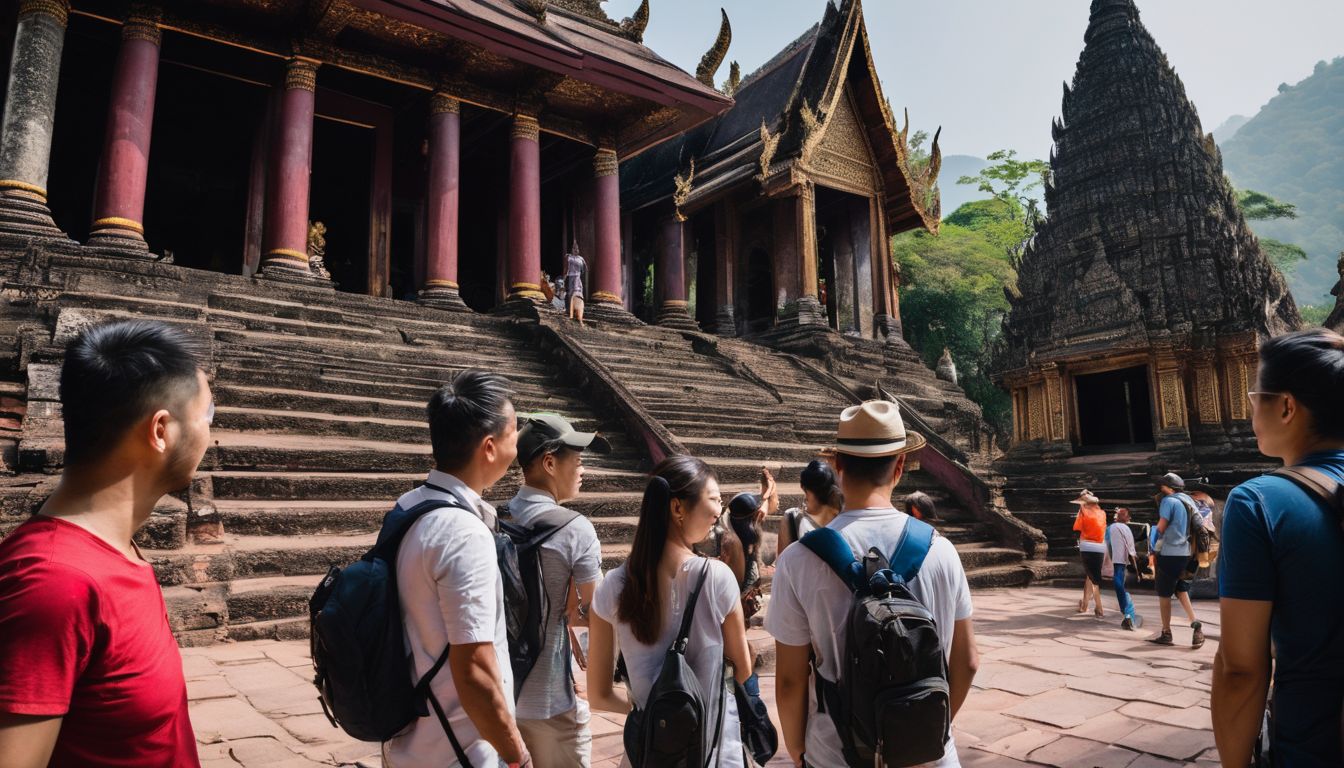 A group of tourists poses at the entrance of Wat Phu Tok, holding tickets and ready to explore.