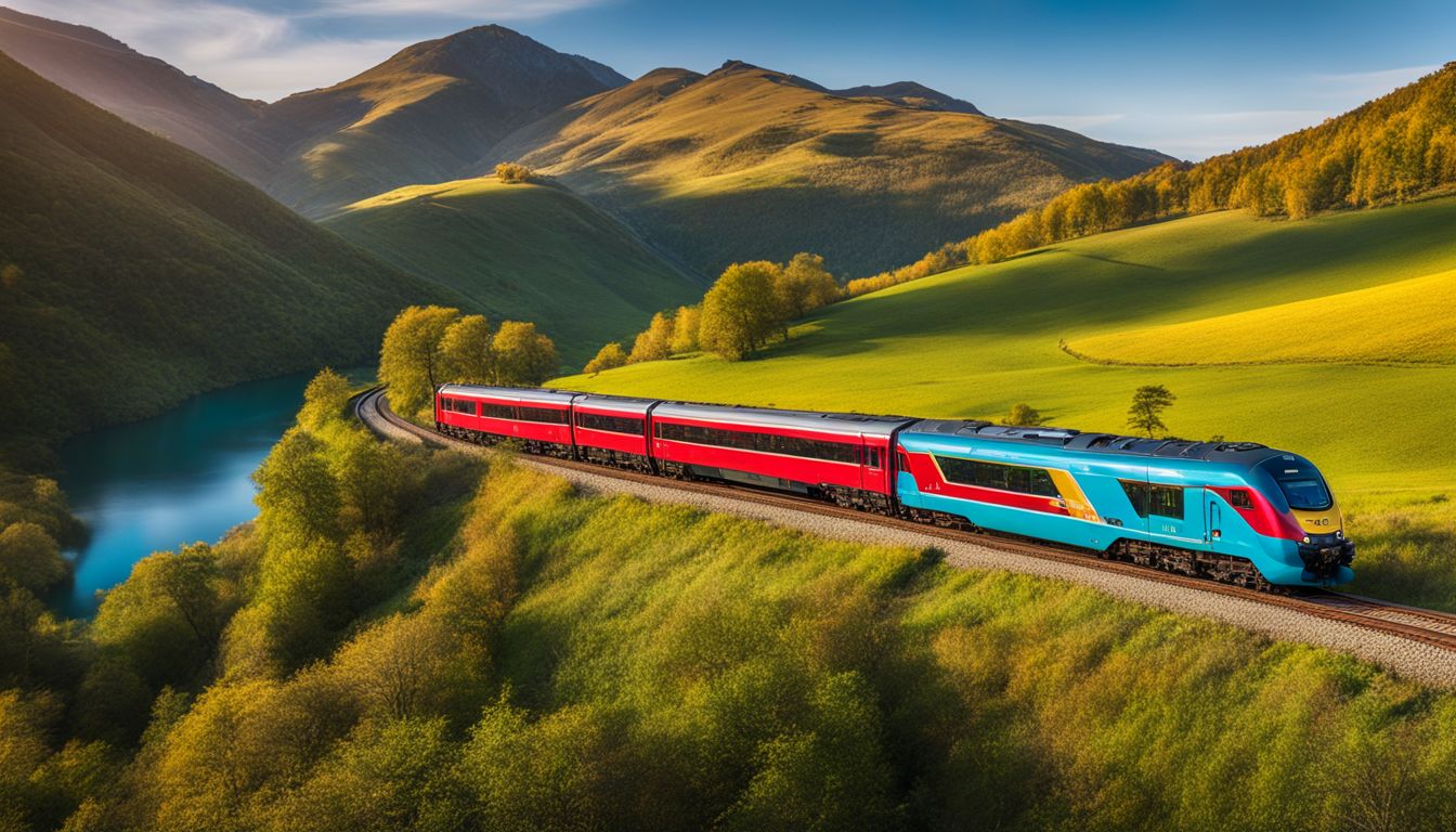 A vibrant train travels through a beautiful countryside, capturing the diverse faces and bustling atmosphere.