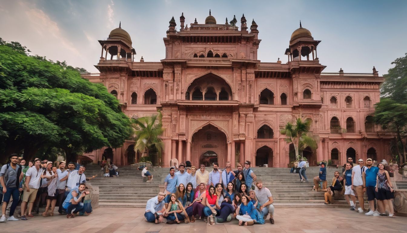 A group of tourists posing in front of Ahsan Manzil, a popular cityscape photography spot.